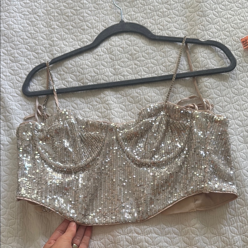 For Love And Lemons Gold Sequin Bustier Crop Top